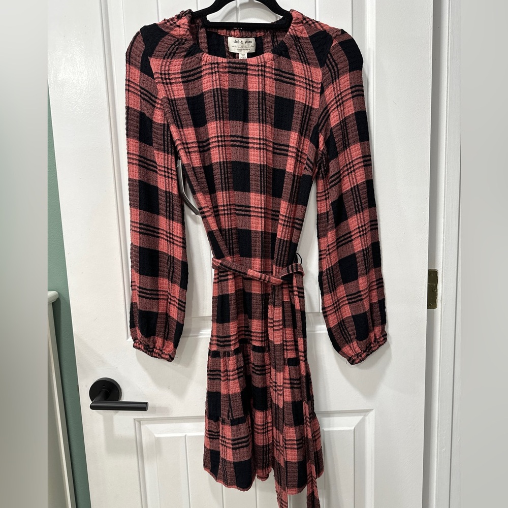 NWT Anthropologie Cloth & Stone Pink and Black Plaid Long Sleeve Dress
